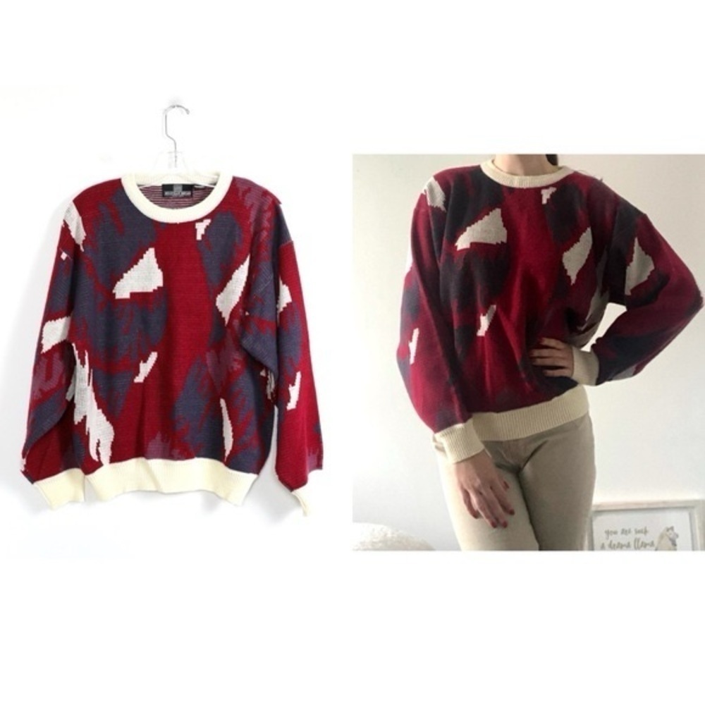 Vintage oversized knit sweater abstract print M L XL cozy long sleeve grandpa